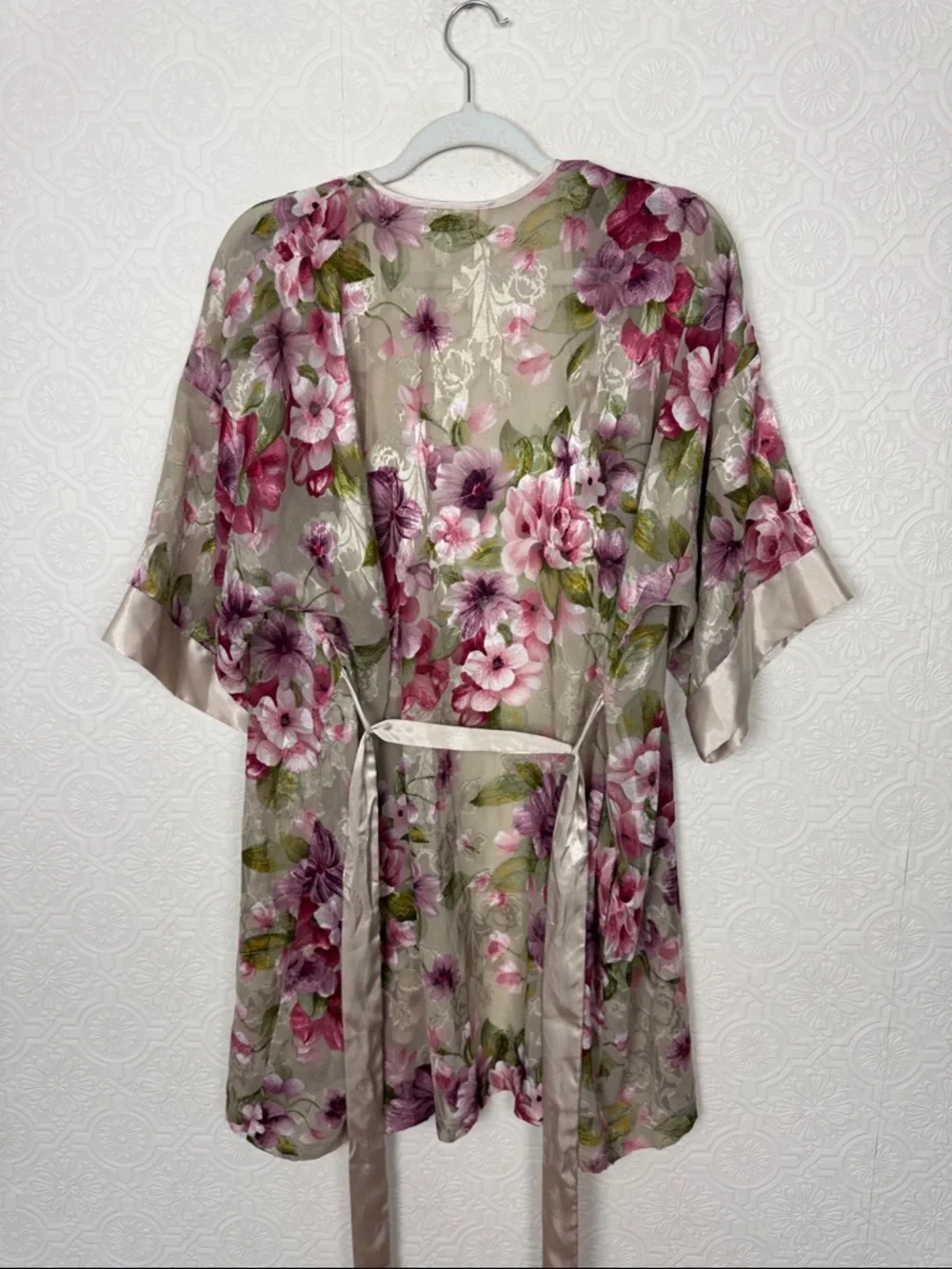 Vintage LA Intimates‎ Floral Sheer Robe Medium Pink Lace Trim Tie Waist Style